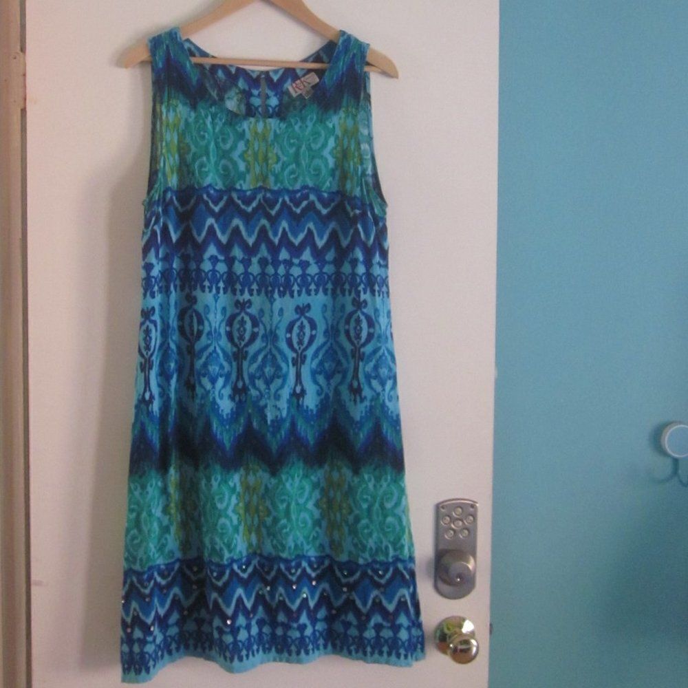 R&K Vintage 80's Womens Size M / L A-line Rayon Tank Sundress Blue Tie Dye Print - Picture 3 of 10